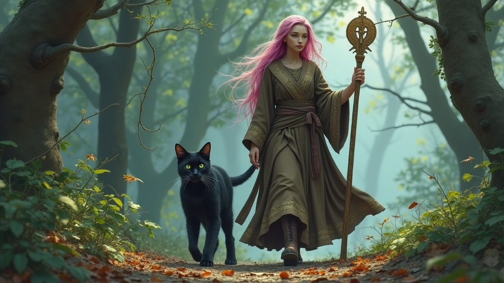 Elven Wanderer with Black Cat in Autumnal Forest