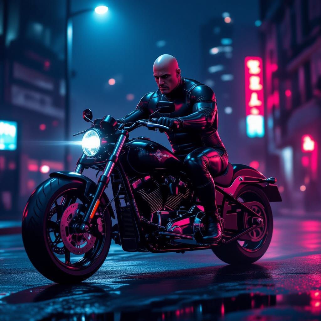 Bald Man in Catsuit Rides Motorcycle Through Neon Cityscape