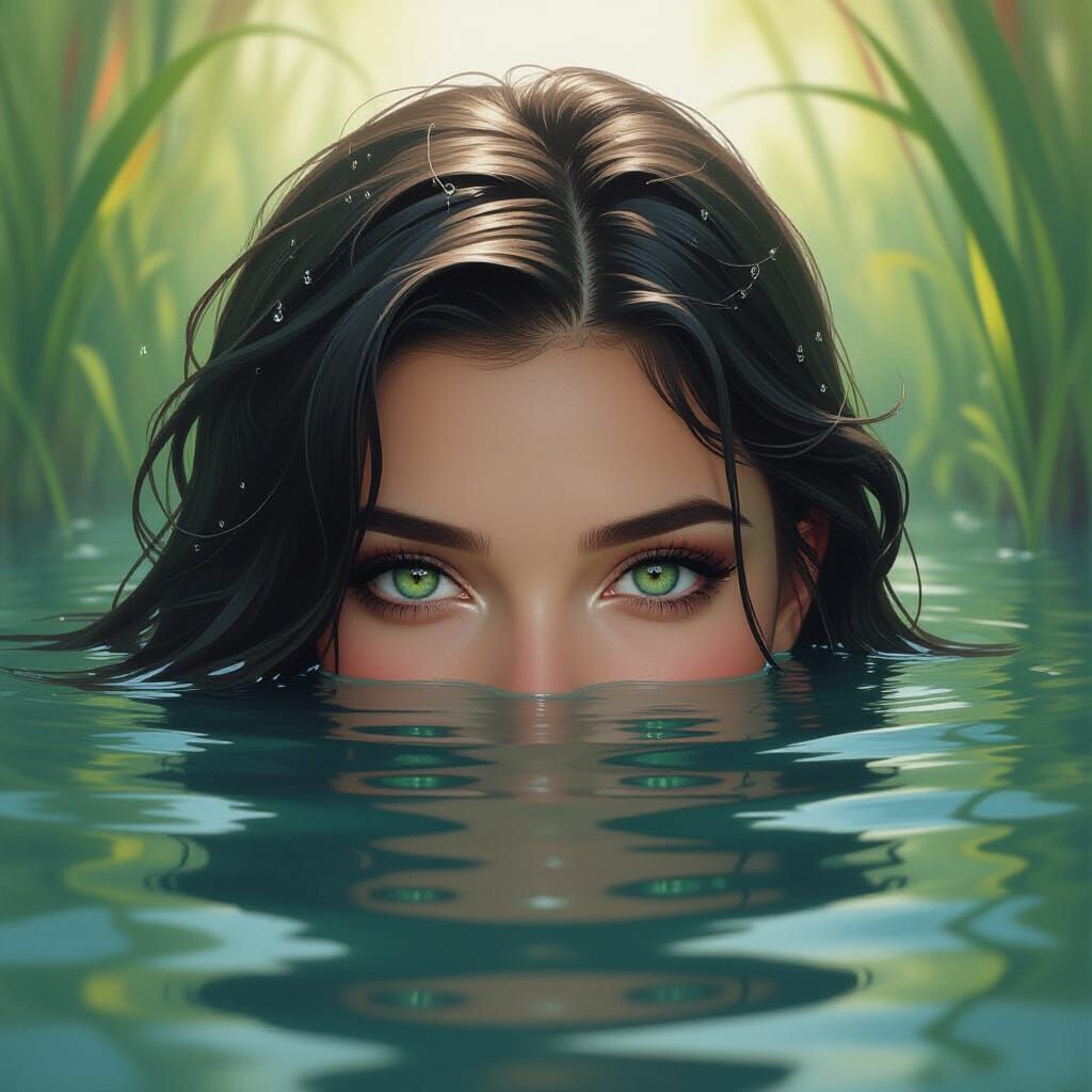 River Siren Emerging from Water in Oil Painting Style