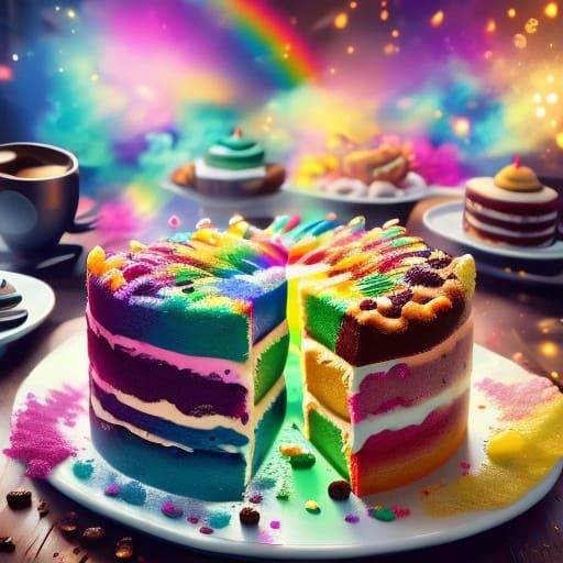 Coffee, Rainbow Cake in Vibrant Digital Art
