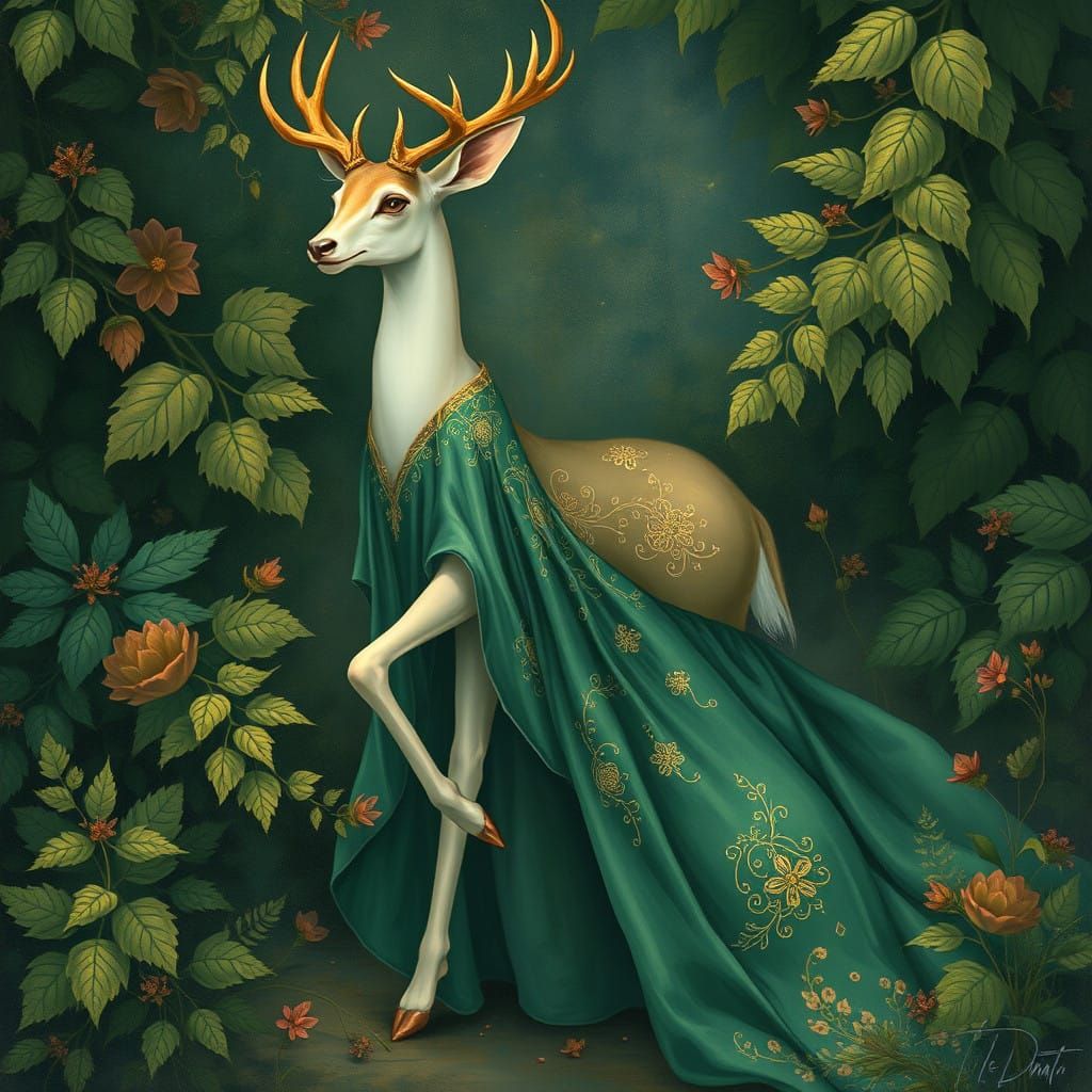 Elegant Human Deer Woman in Lush, Emerald Landscape