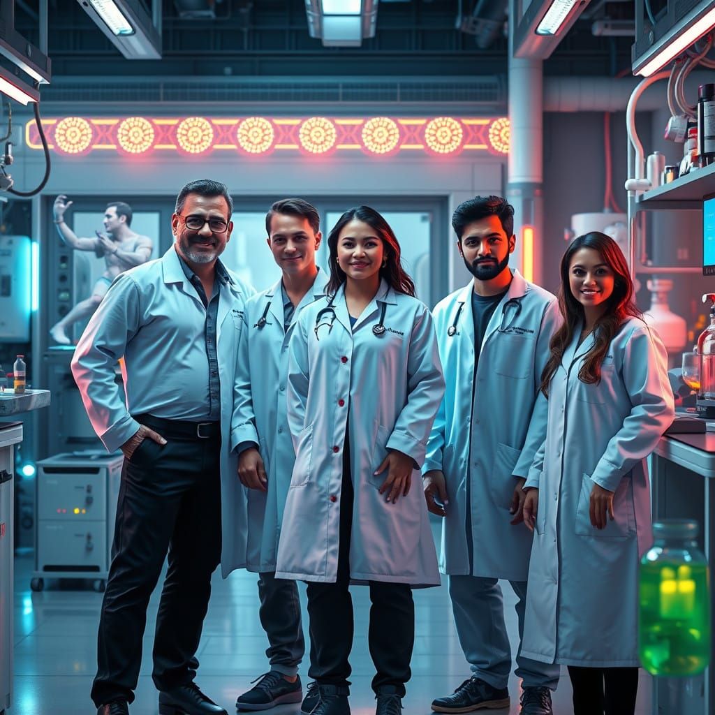 Diverse Biotech Team in Futuristic Lab