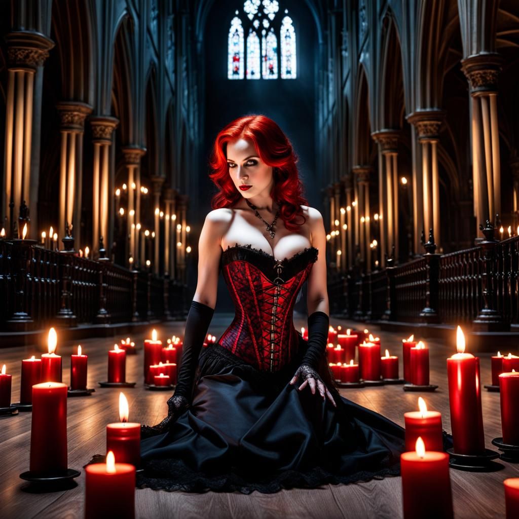 Redhead Vampire in Gothic Cathedral with Candles