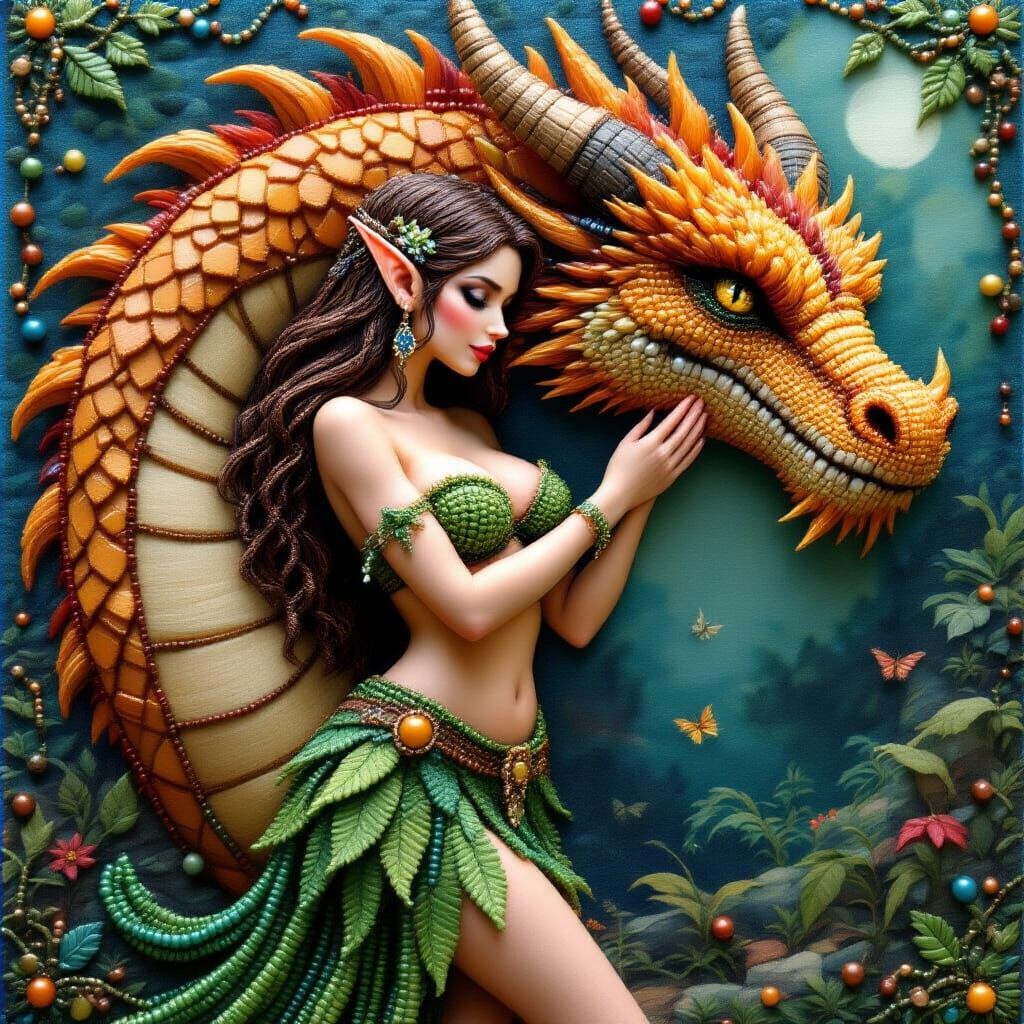 Fantasy Elf and Dragon Beaded Artwork