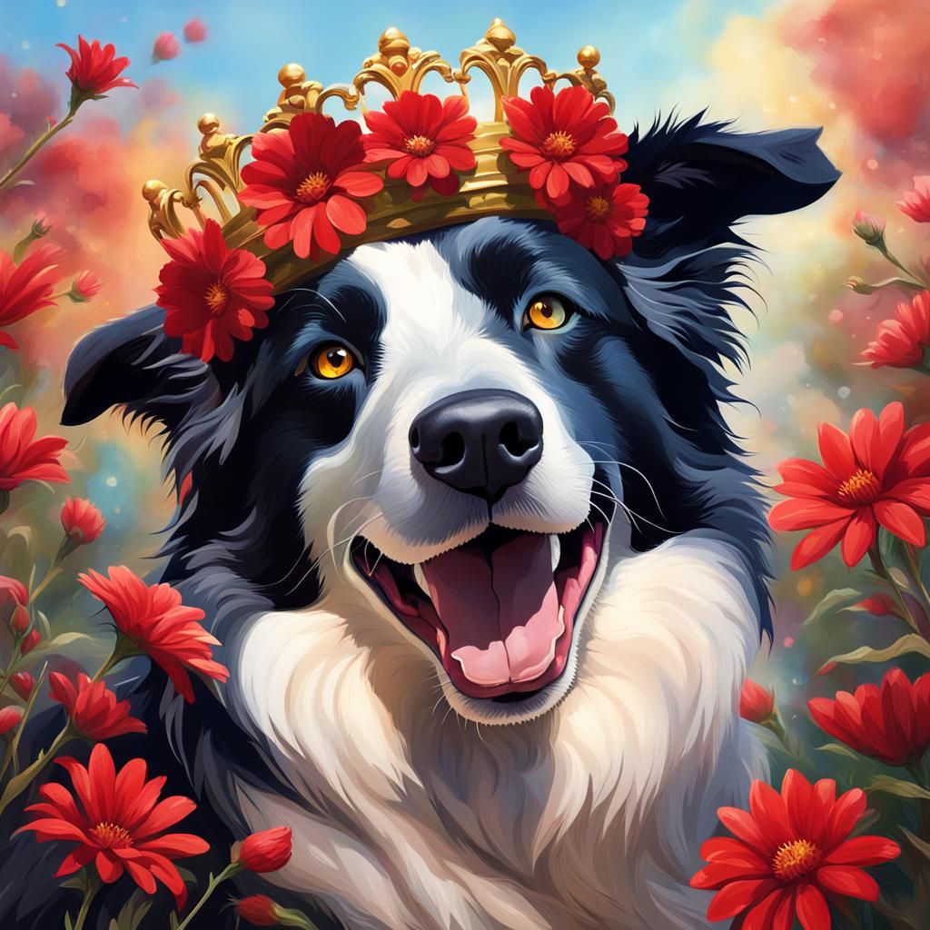 Border Collie with Flower Crown in Sunlight