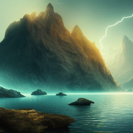 Golden Dinosaur in Lake at Dawn: Digital Matte Painting