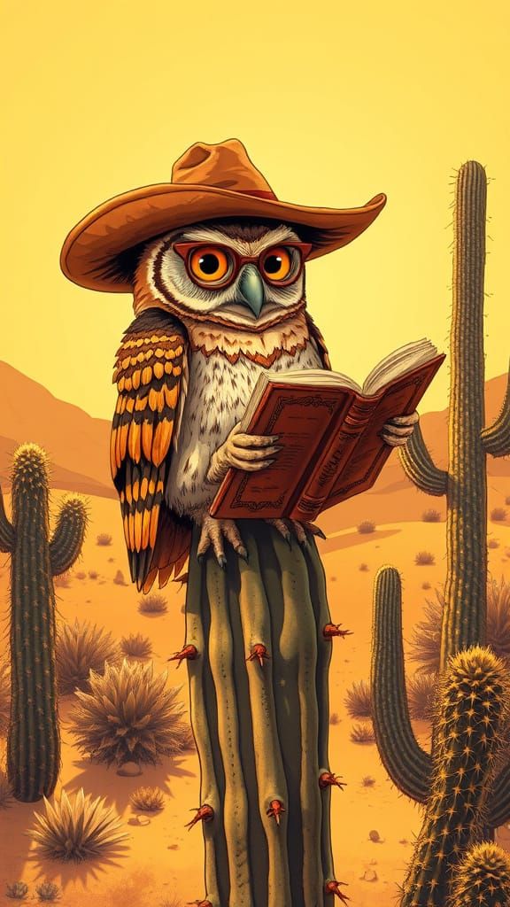 Wise Owl Reads Tome in Desert Landscape