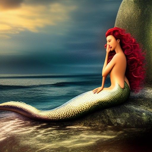 Glamourous mermaid sitting on a rock brushing her hair hyperdetailed maximalist digital art 8K resolution serene beautif...