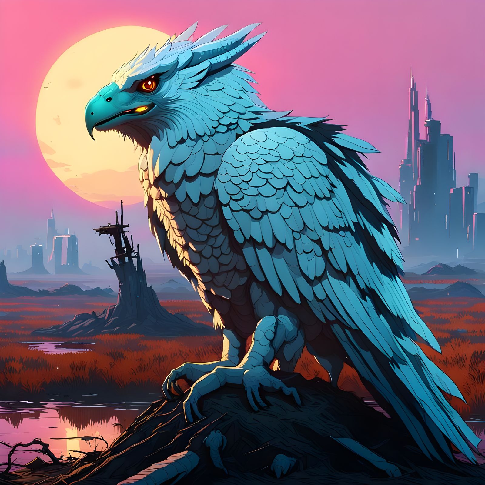 Iridescent Gryphon Nesting in Cyberpunk Moonscape