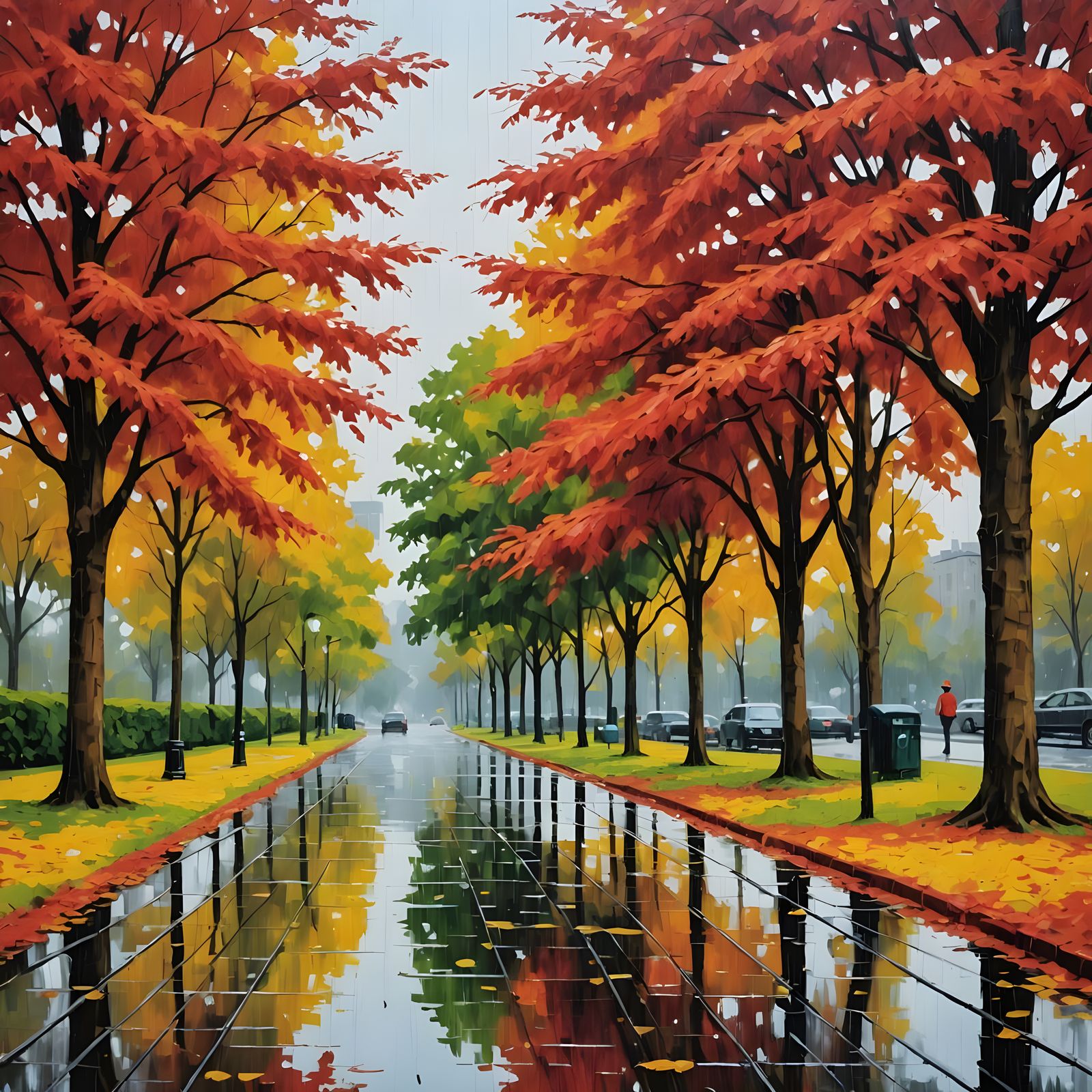 Rainy ParkScene with Vibrant Red Acacias