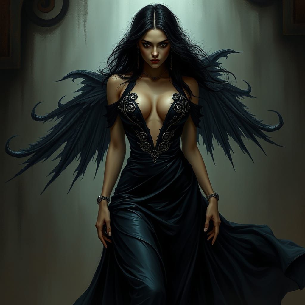 Mysterious Dark Goddess in Leather Gown
