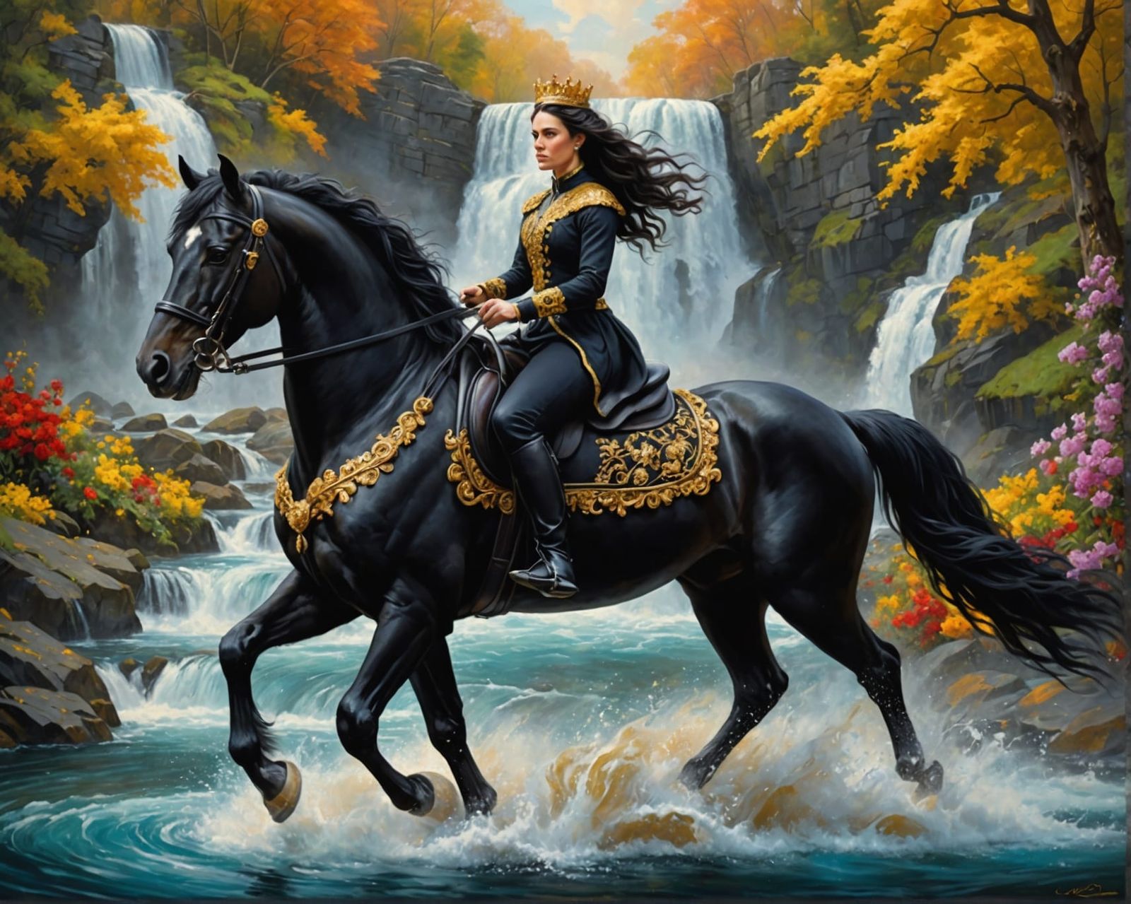 Queen on Black Horse: Hyperrealistic Oil Painting