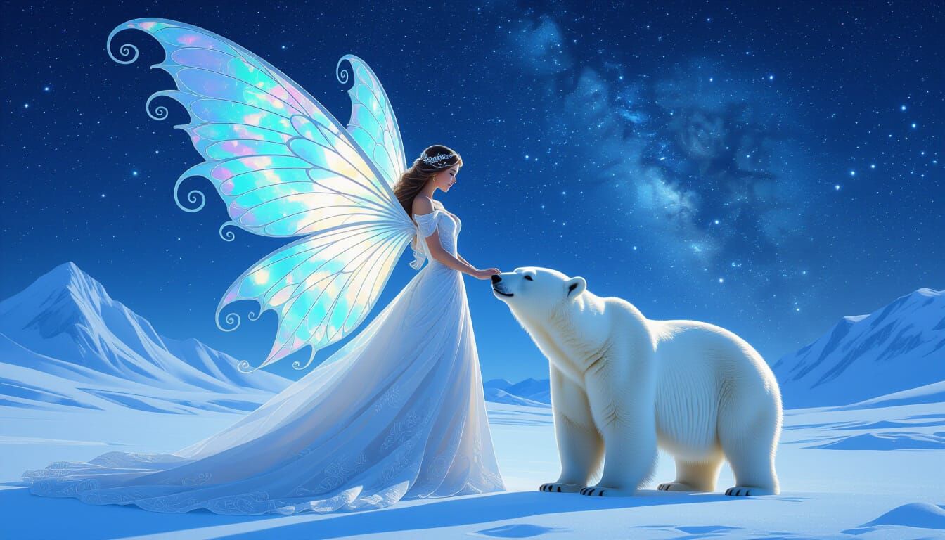 Ethereal Woman and Polar Bear in Snowy Landscape