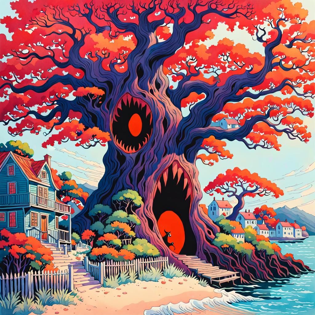 Creepy Tree Beast in Vintage Watercolor Style