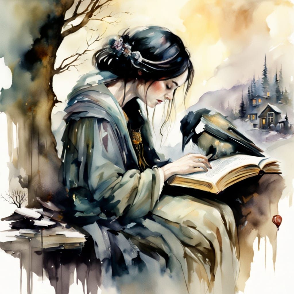 Cozy Mountain Reading Den in Watercolor Style