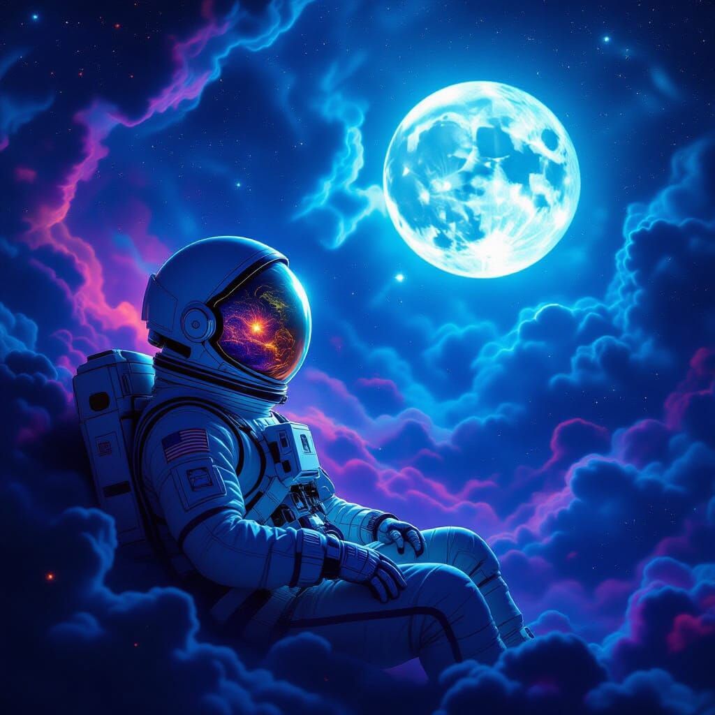 Astronaut Adrift in Nebula Reflecting Alien Moon