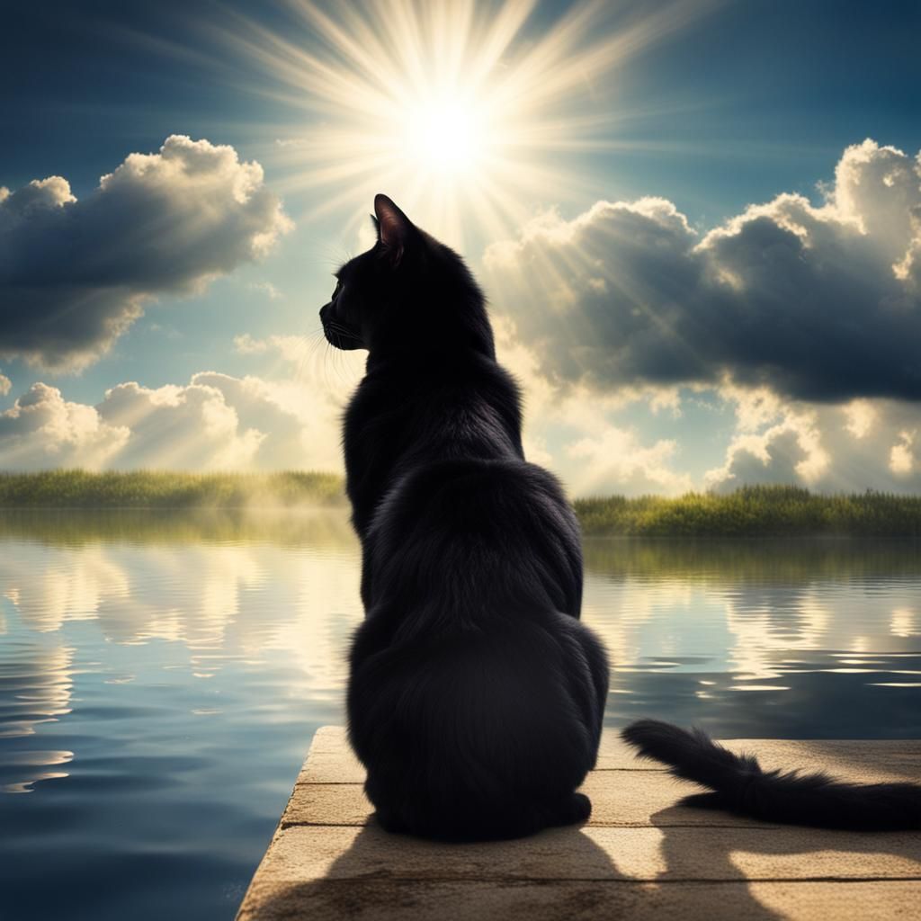 Black Cat Contemplates Water in Divine Sunlight