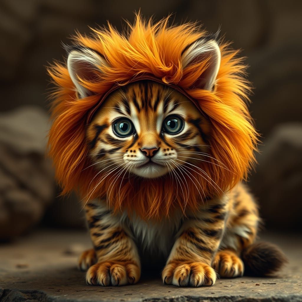 Hyperrealistic Kitten Dressed as a Little Lion