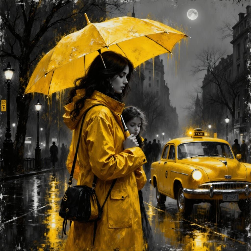 Mother and Daughter Under Yellow Umbrella in Rainy City