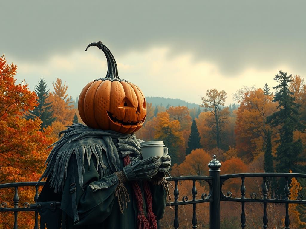 Scarecrow having a Pumpkin Spice Latte in The Cool Morning I...