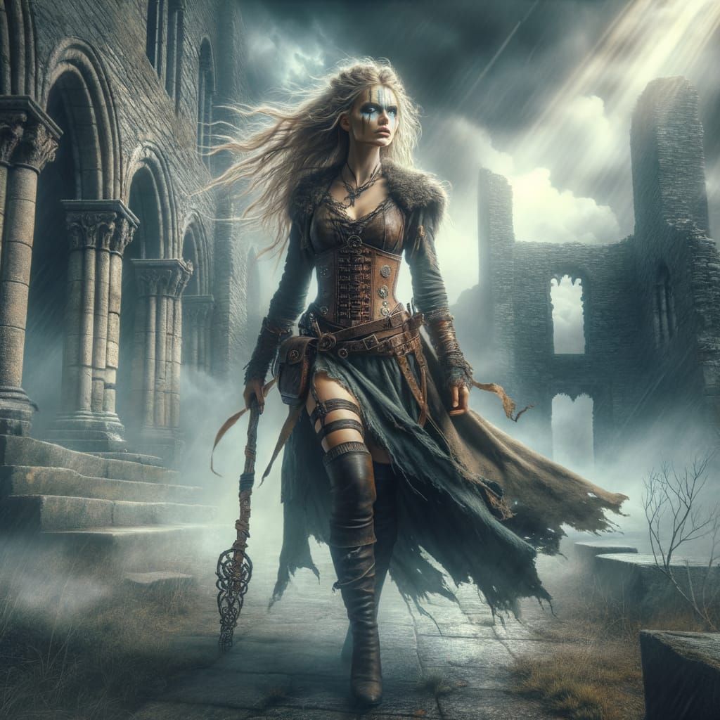 Norse Goddess Striding Through Ruins, Dramatic Lighting
