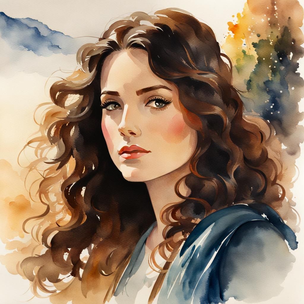 Brunette with Wavy Hair in Watercolor Style