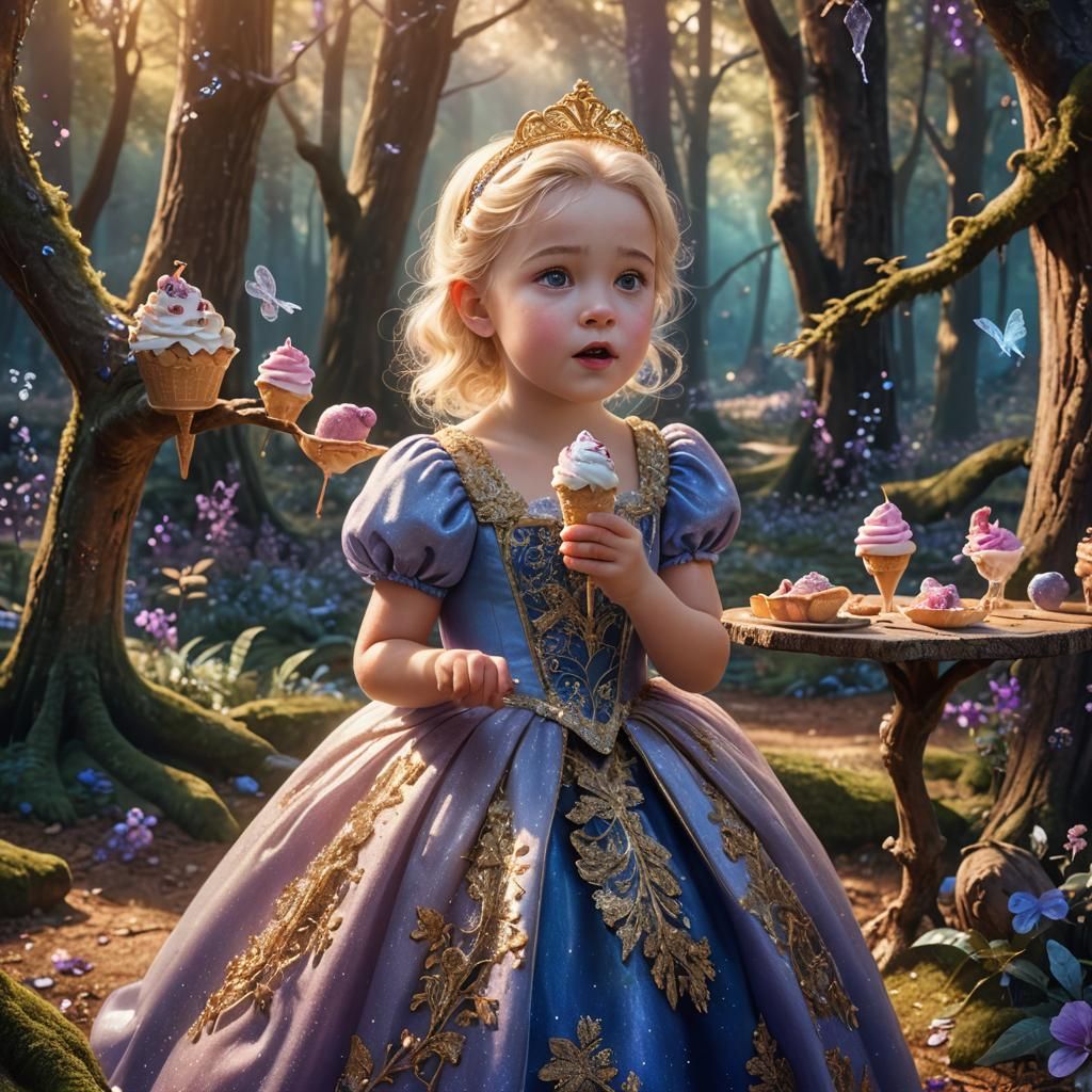 Blonde Girl in Cinderella Dress in Whimsical Forest