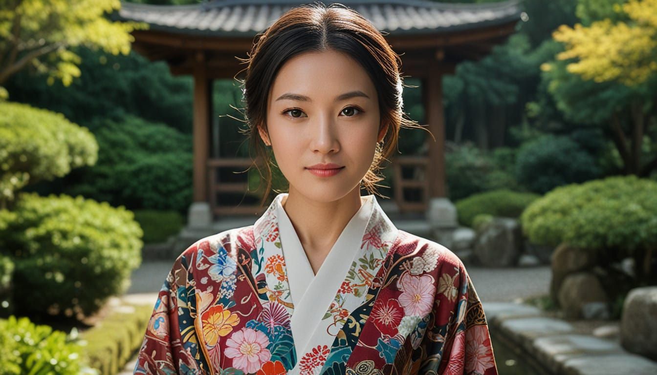 Serene Japanese Garden Beauty in Vibrant Traditional Dress