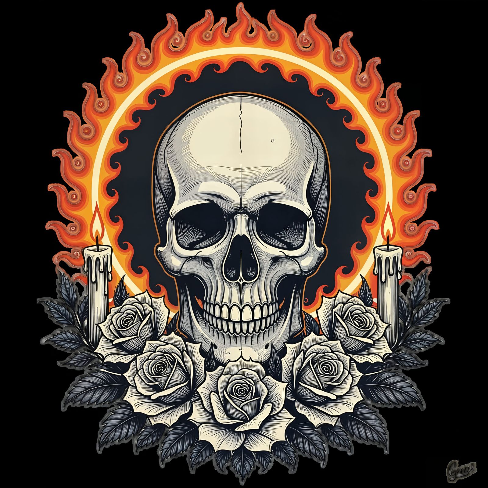 Sinister Skull Surrounded by Roses in Pencil Art