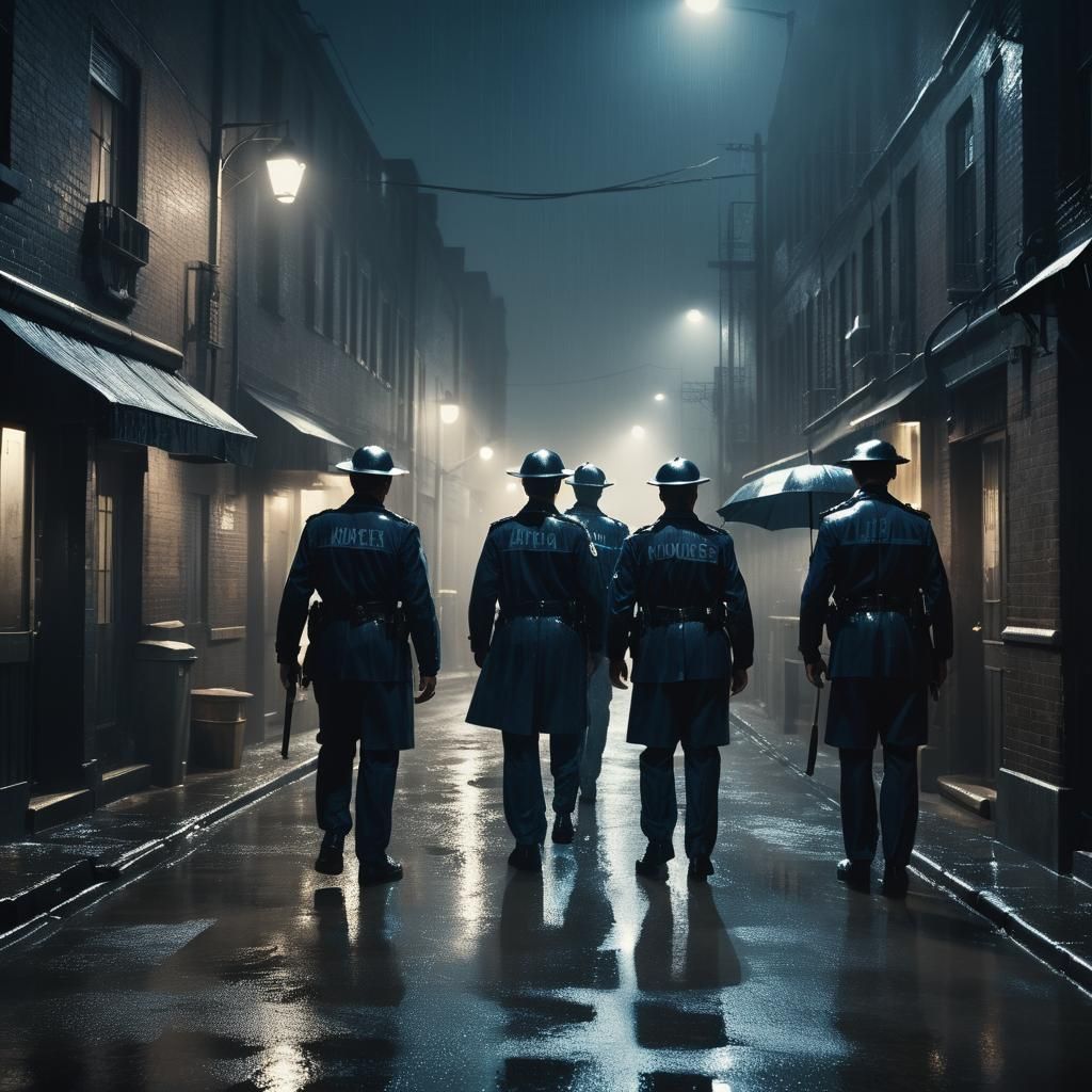 Film-Noir Policemen in Rainy Alleyway