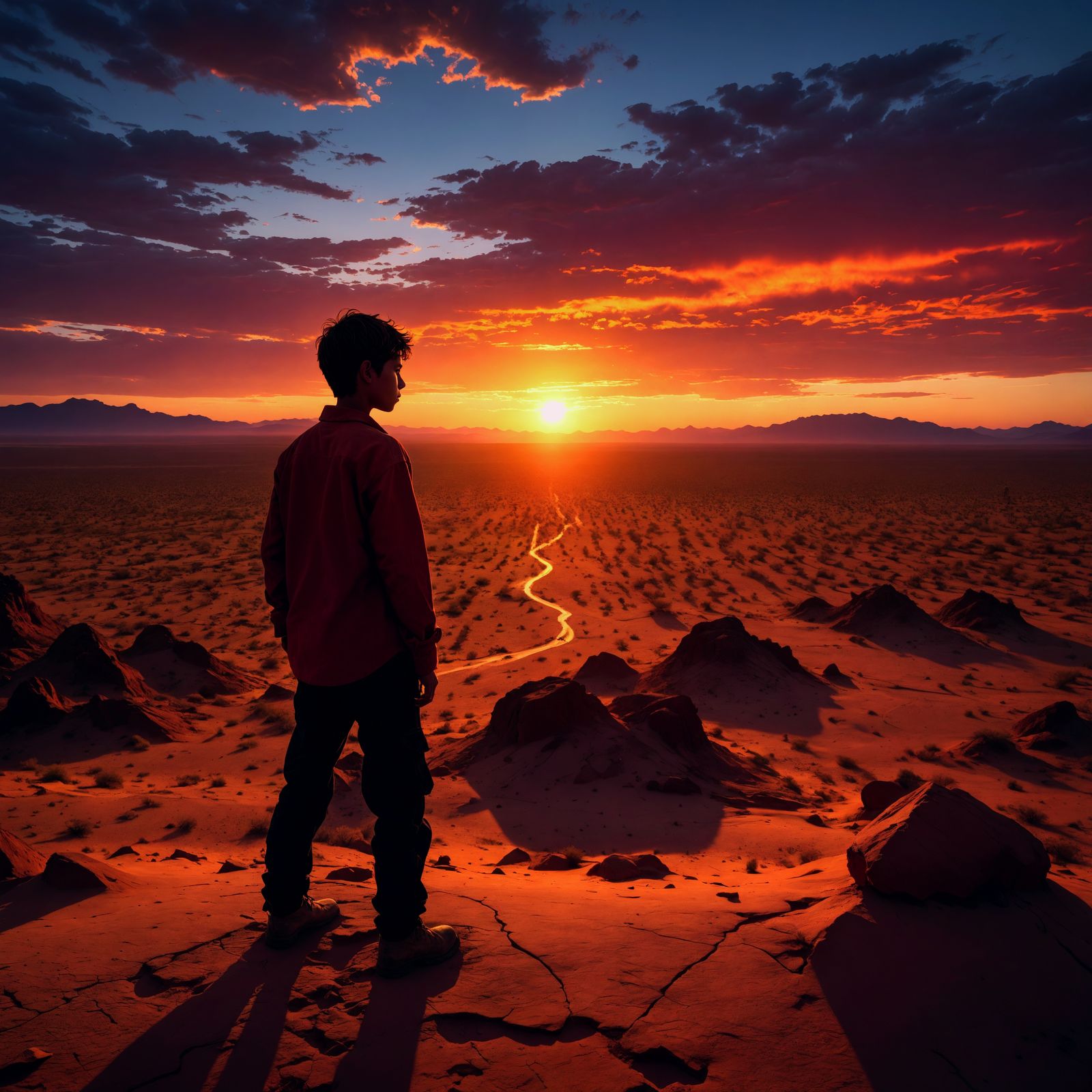 A Young Hispanic Boy Stands at the Edge of the Desert, Ready...
