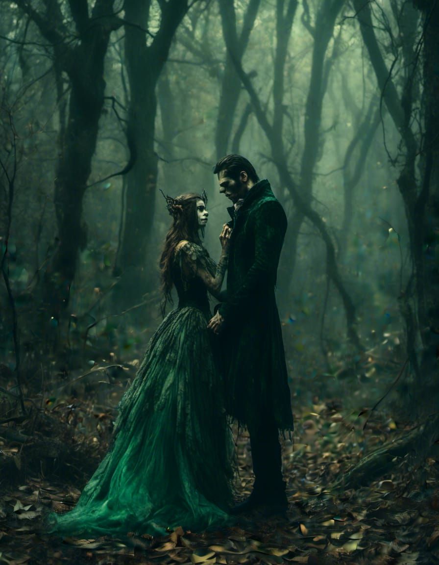 Vampire and Fairy Embrace in Dark Forest