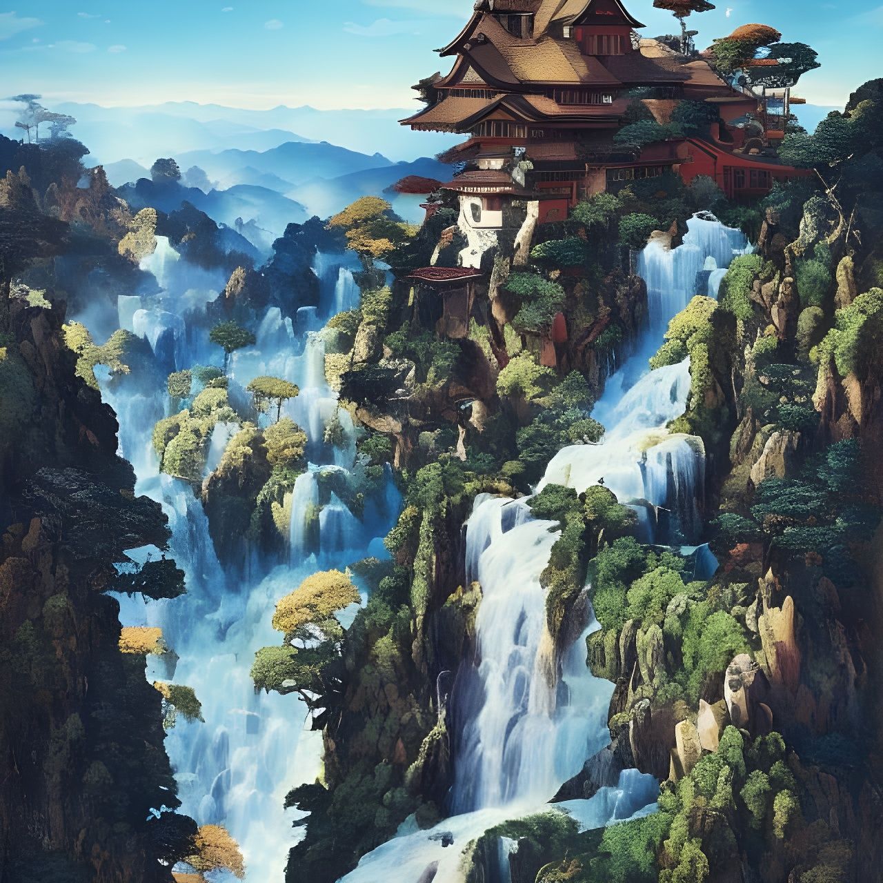 Epic Mountain Waterfall in Surrealist Style