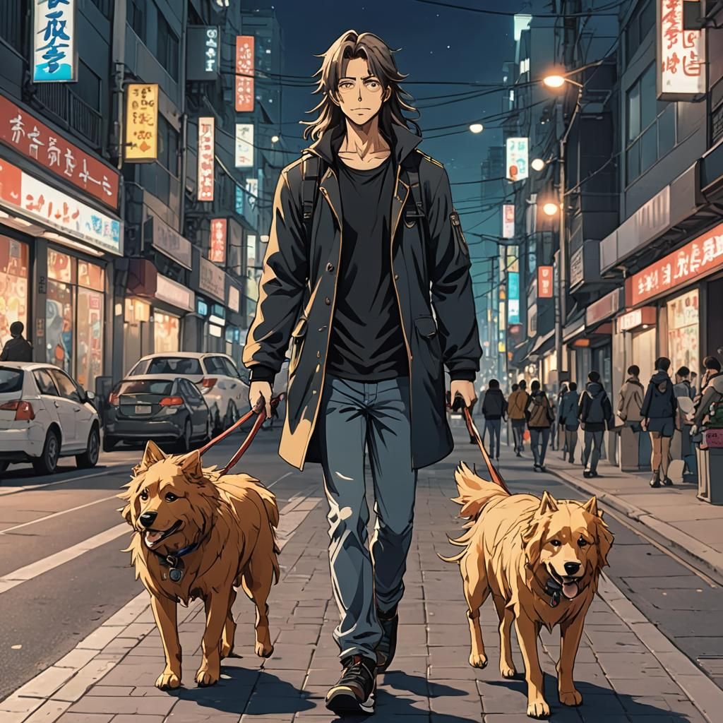 Anime Style: Man Walks Dog in City at Night
