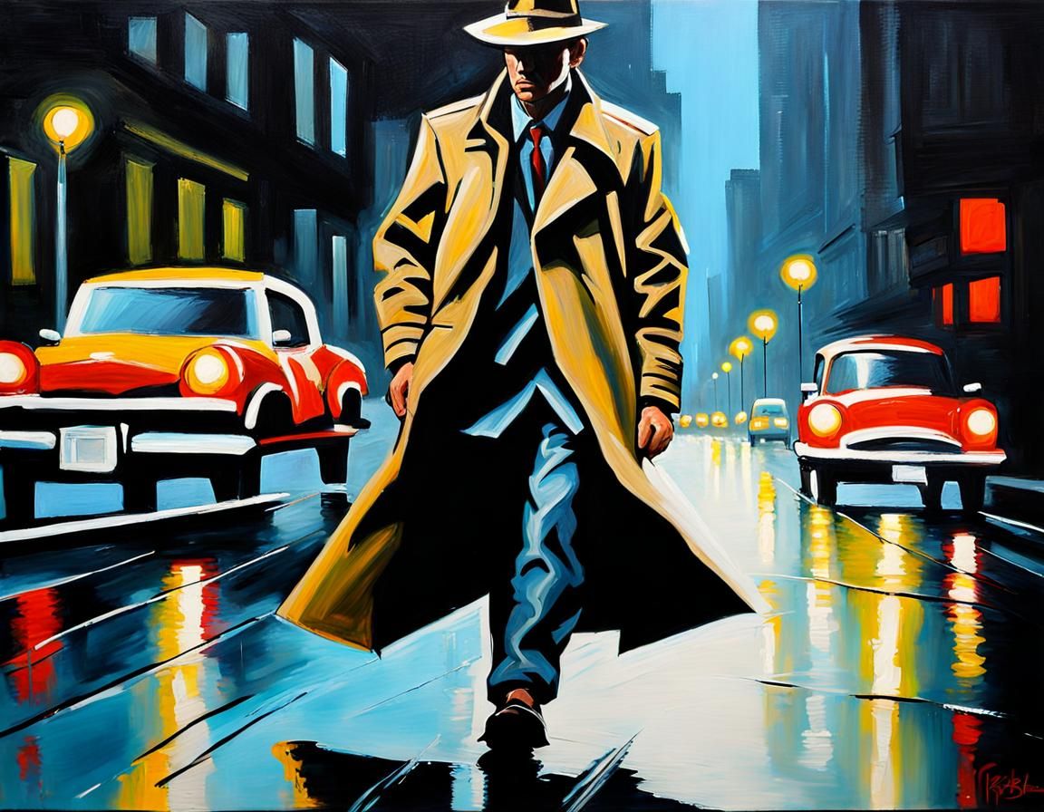 Private Detective in Urban Nightscape Painting