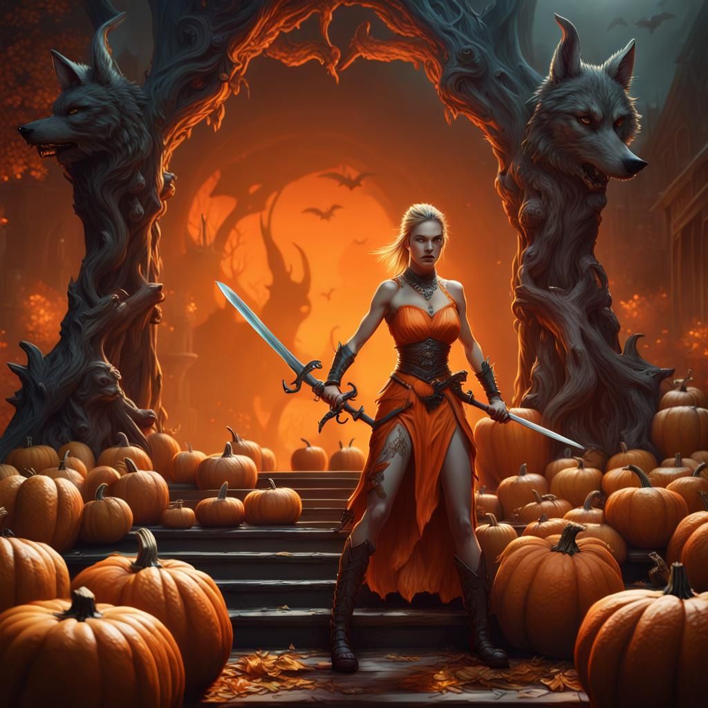 Orange World: Woman, Wolf, and Pumpkins