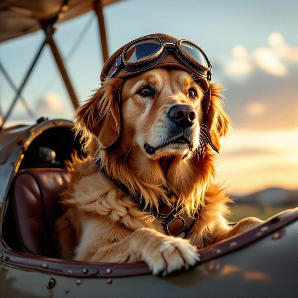 Golden Retriever Pilot in Biplane Cockpit