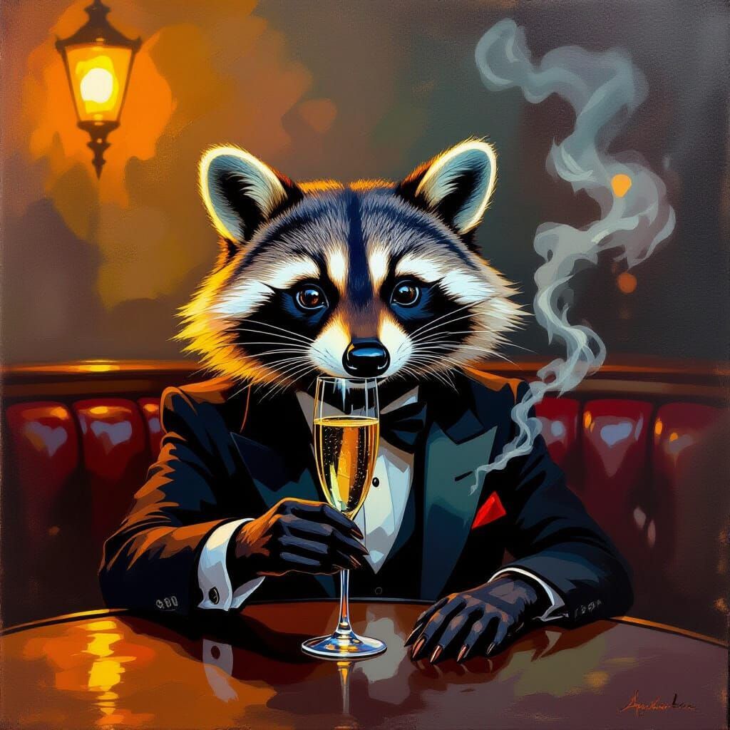 Raccoon Sipping Champagne in Jazz Club, Impressionistic Styl...