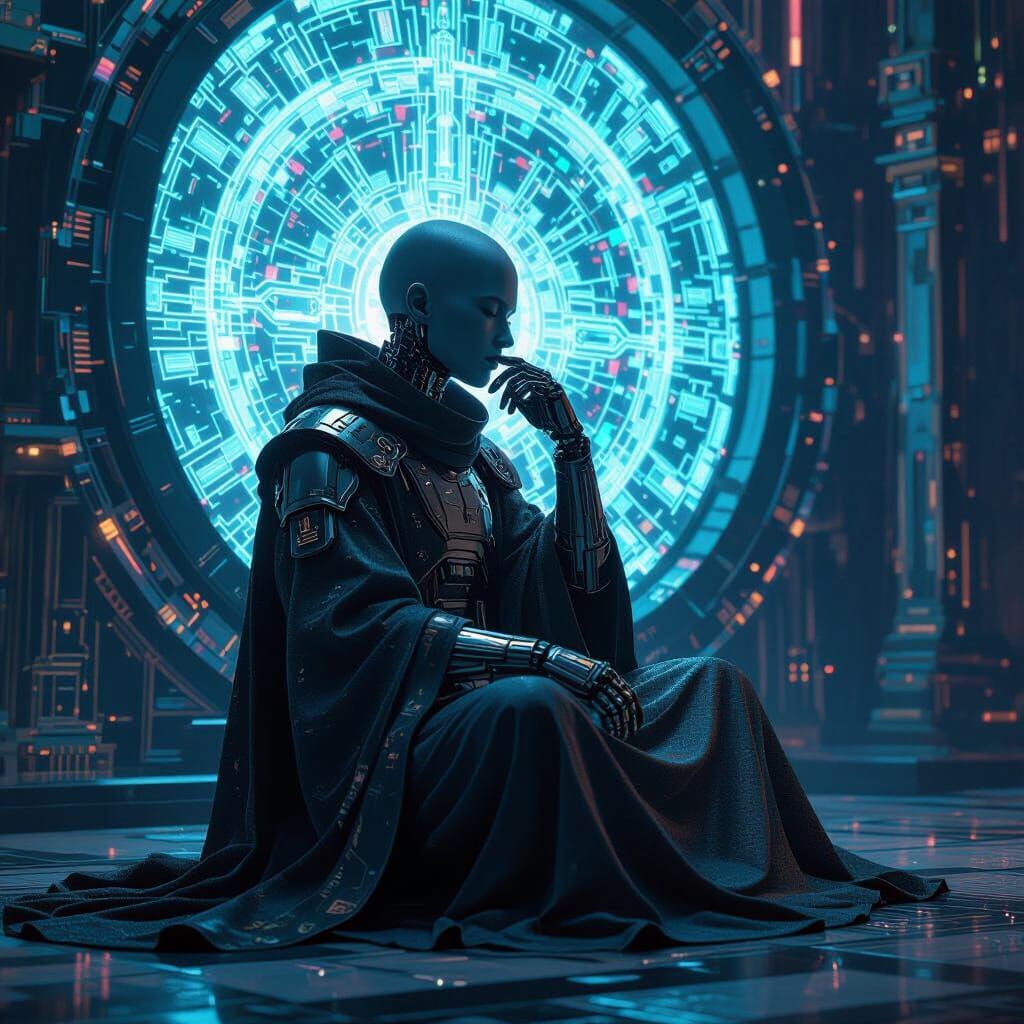 Cyborg Monk Meditates in Futuristic Motherboard Temple