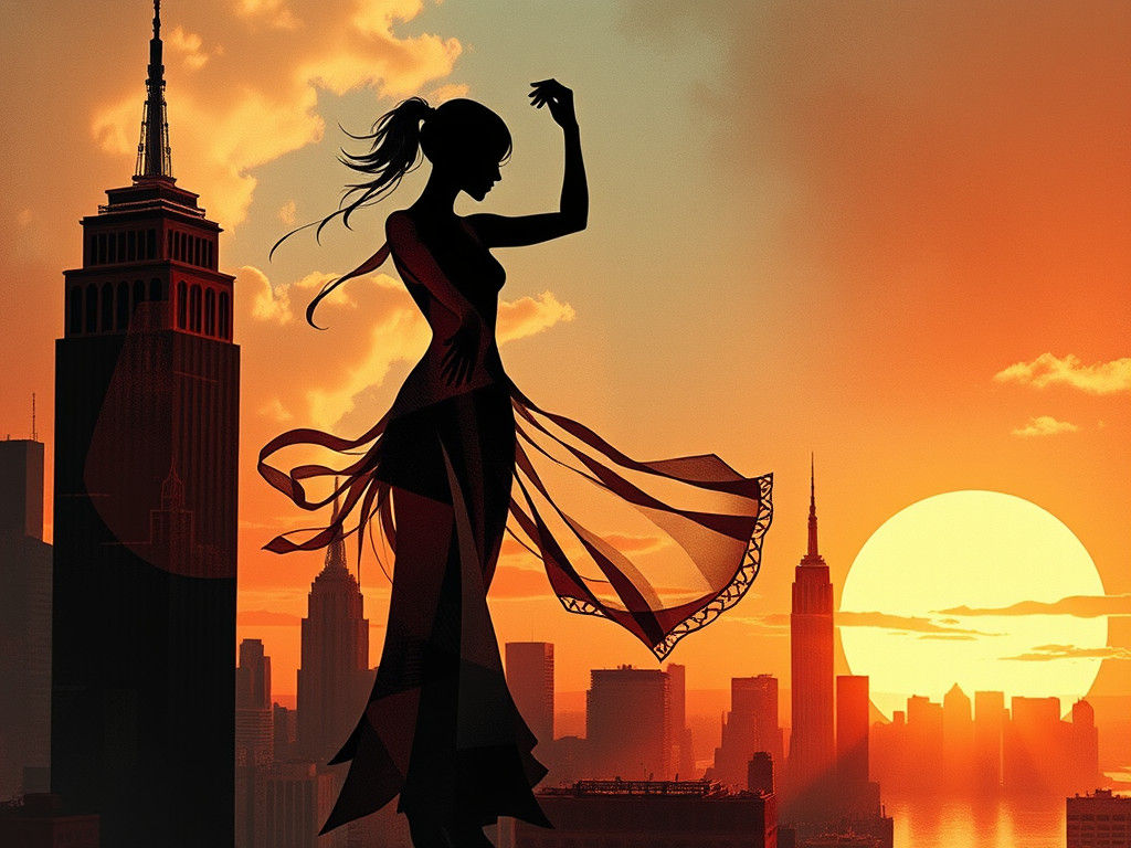 Dancing Woman in New York Skyline: Cubism and Ink Wash