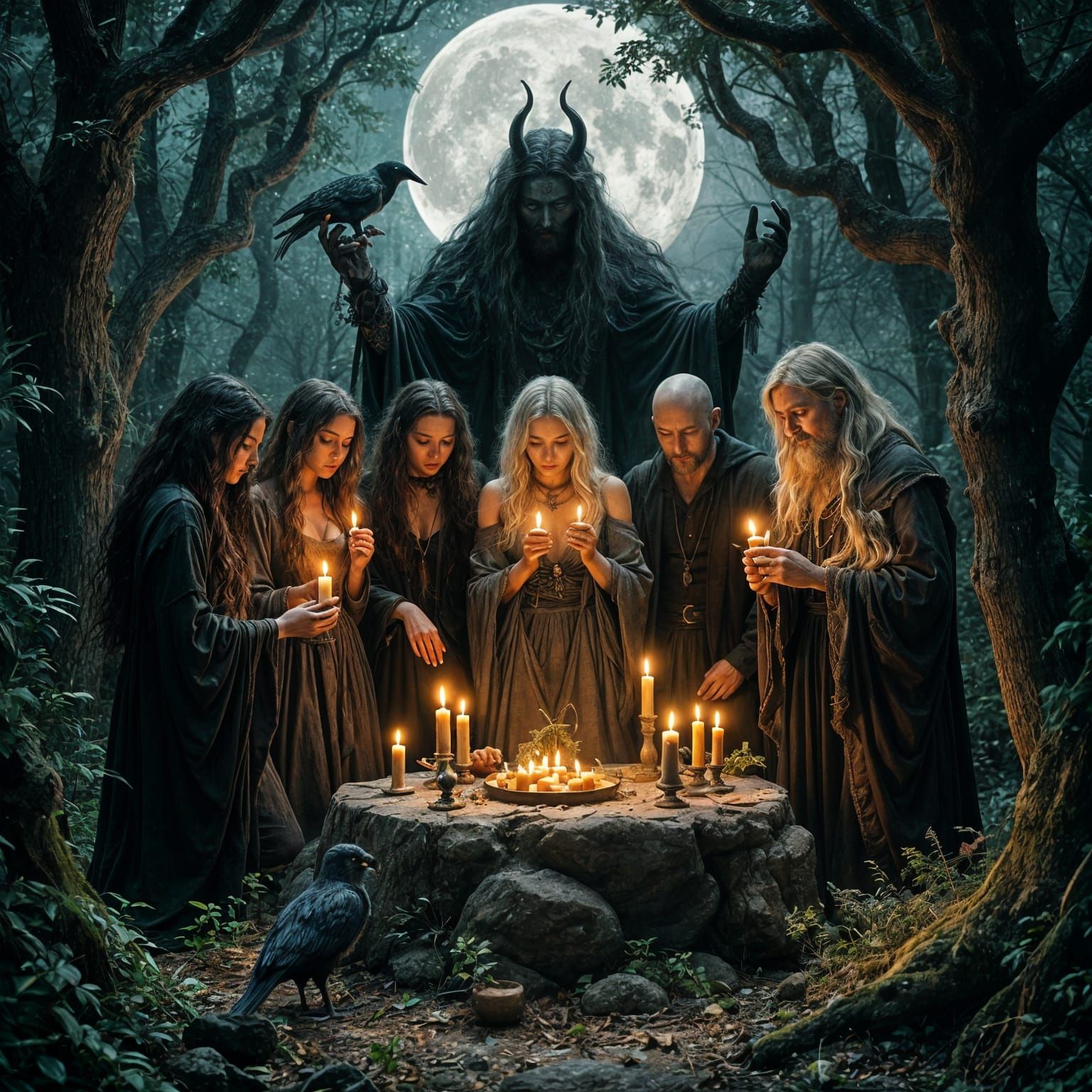 Witches Homage to Deity in Moonlit Grove