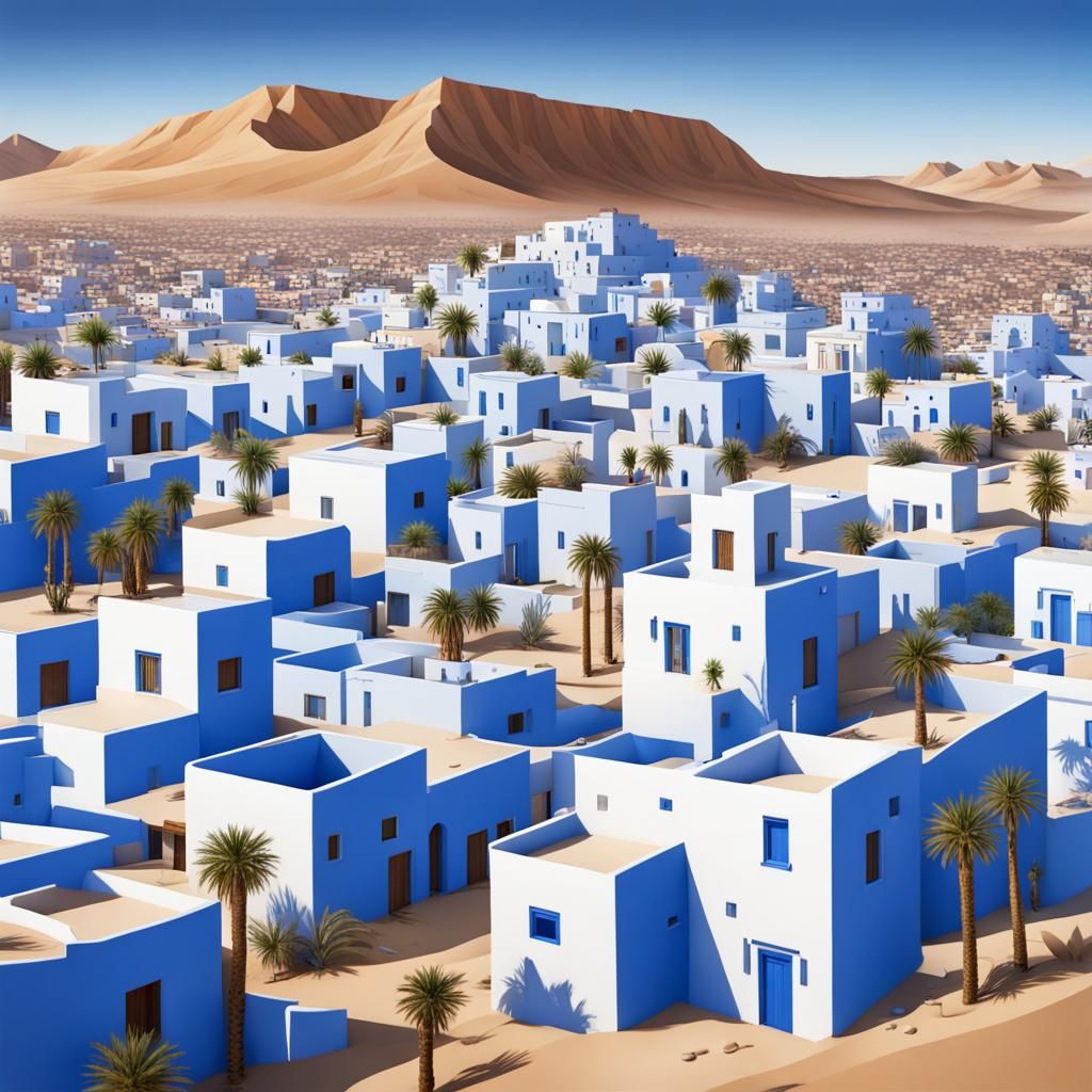 Blue and White Desert Town Landscape