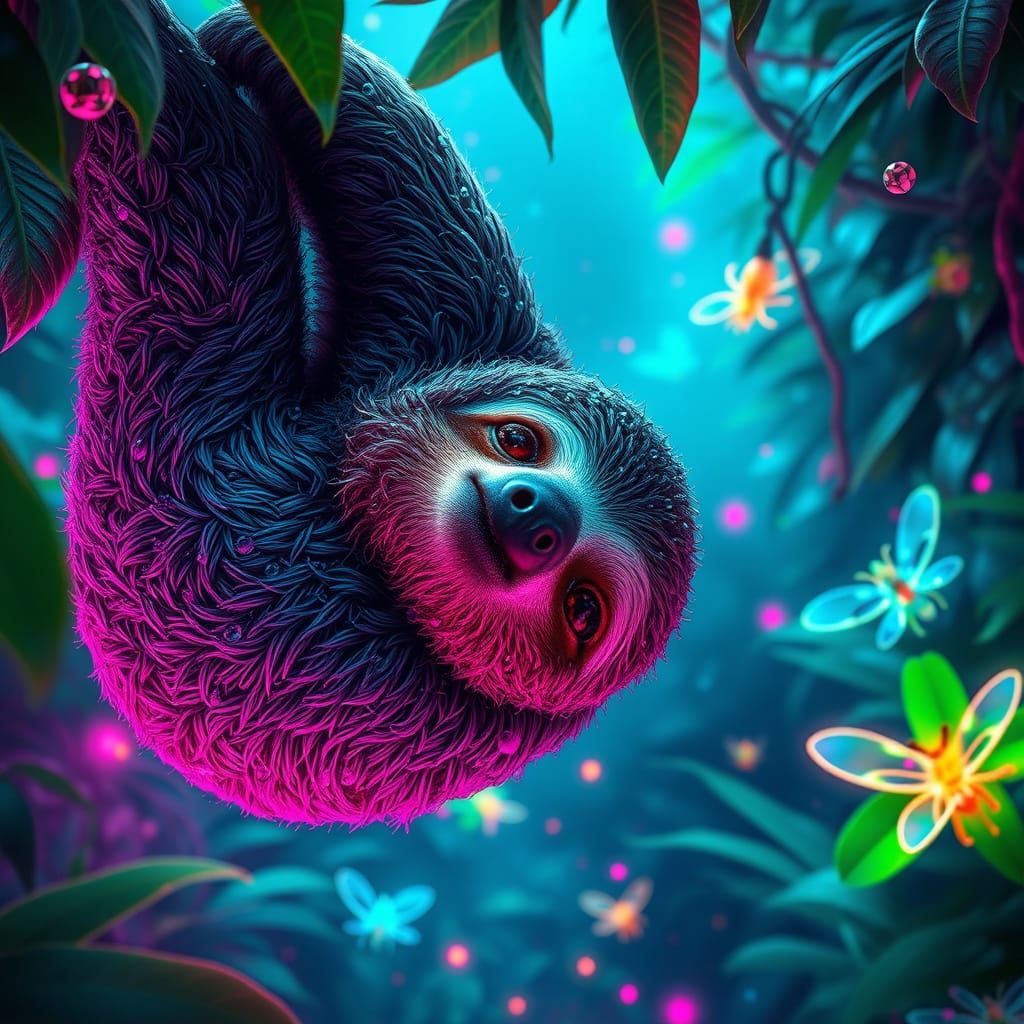 Serene Sloth in Neon Futuristic Jungle