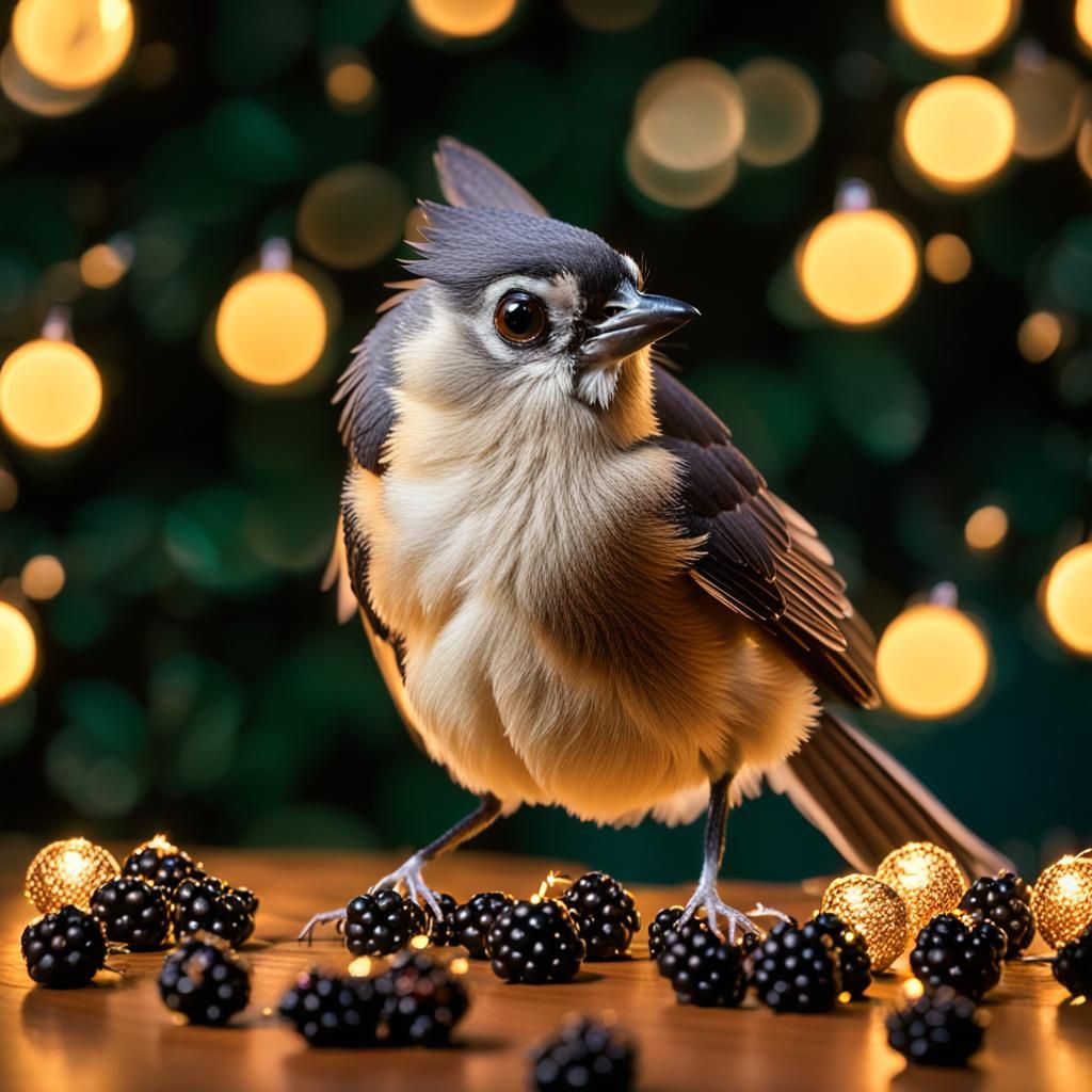 Tufted Titmouse Among Golden Christmas Lights