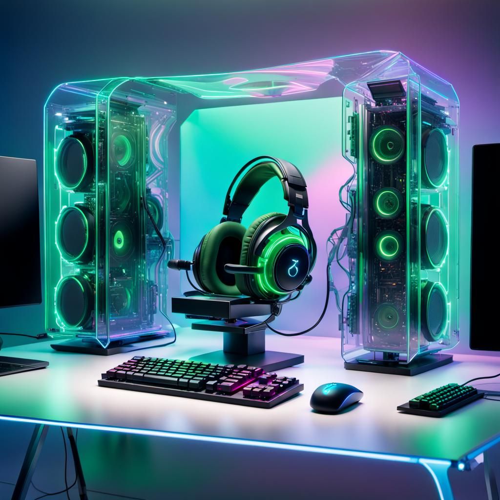 Futuristic Transparent Gaming PC in Apple, Splash Art