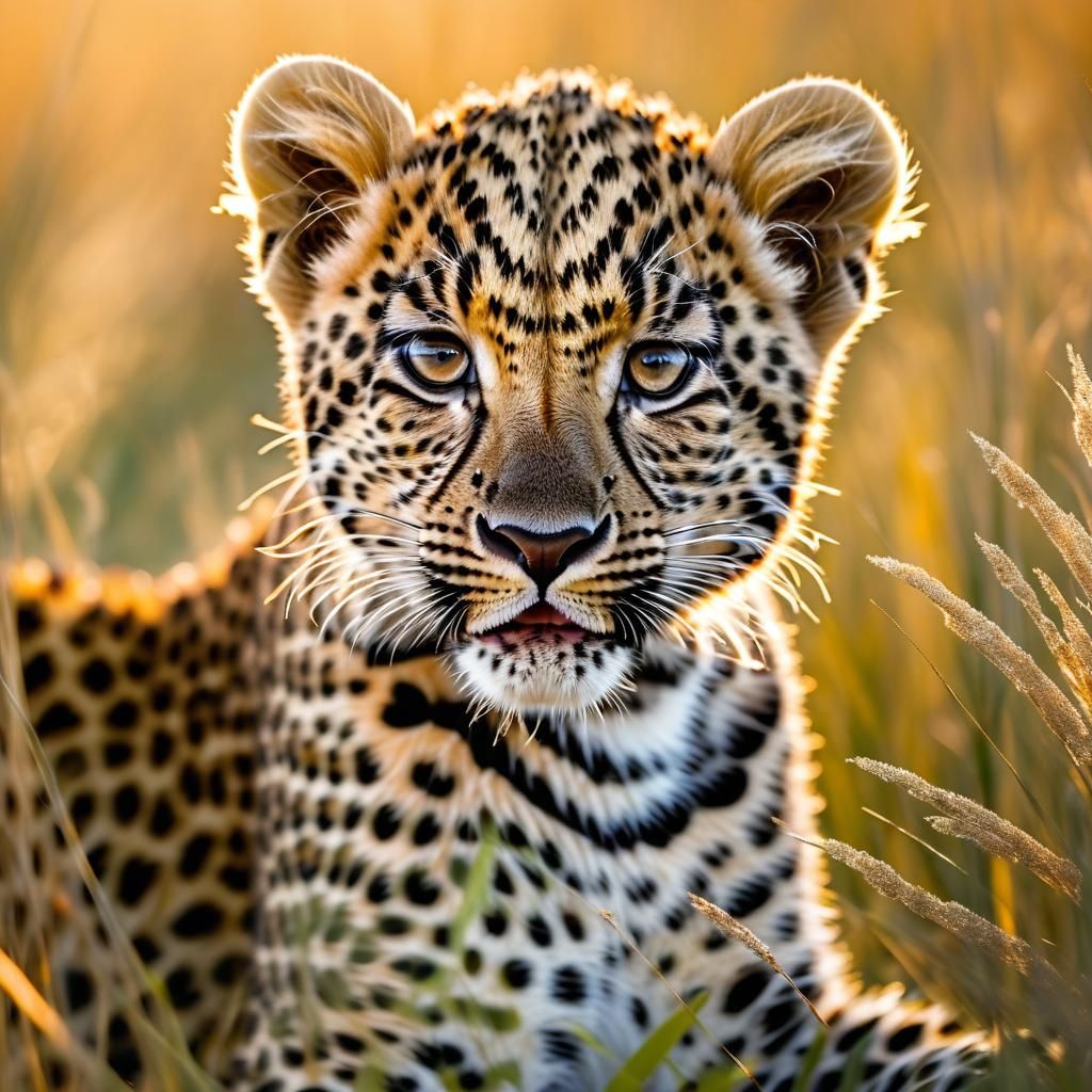 Leopard Cub Playing in Savannah Grass