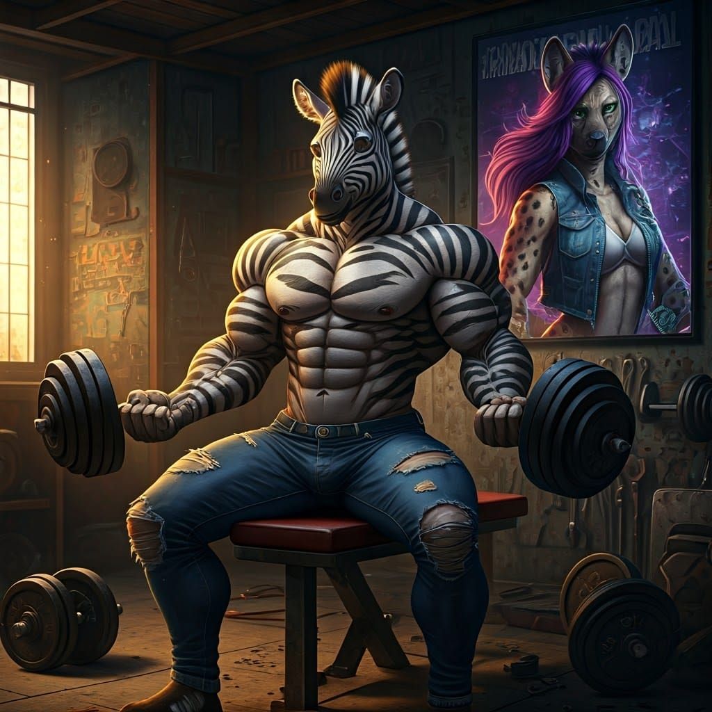 Muscular Zebra-Man Pumps Iron in Garage Gym