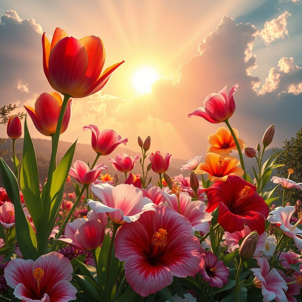Vibrant Spring Floral Composition in Sunset Landscape