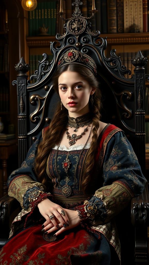 Medieval Magician Noblewoman in Ornate Library