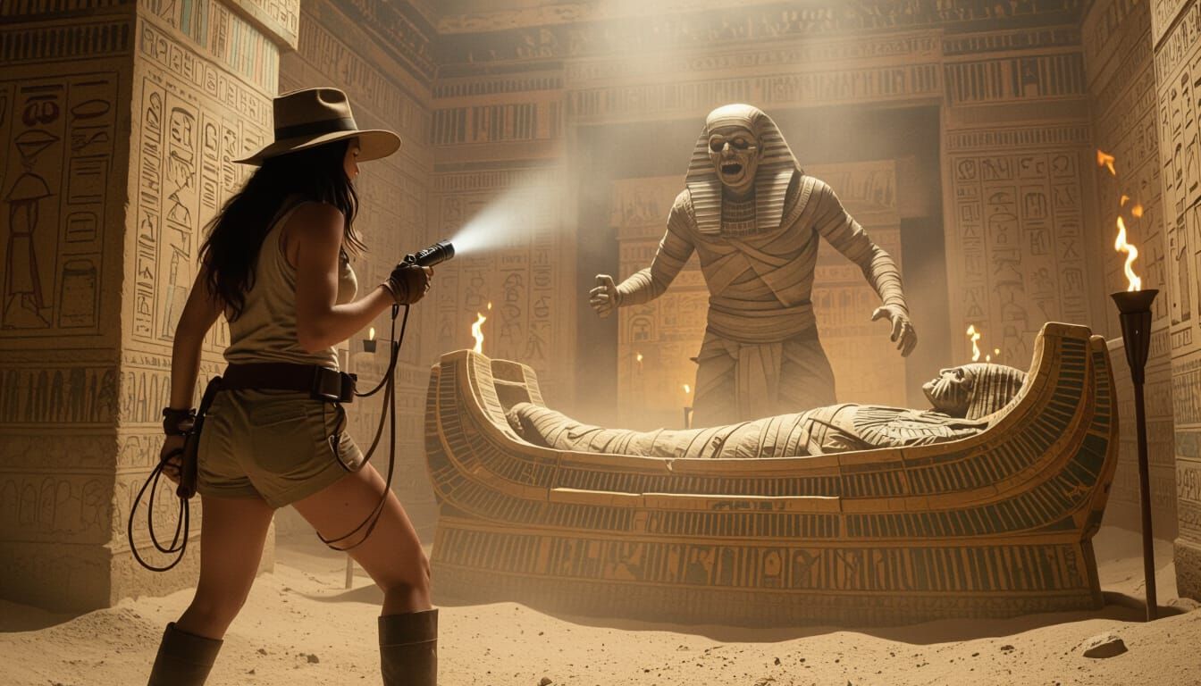 Archaeologist Confronts Mummy in Ancient Tomb